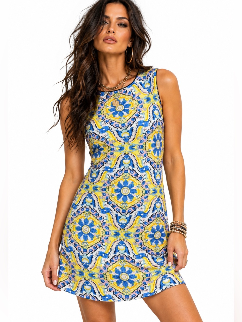 Betsey Johnson Cotton Blend Blue & Yellow Medallion Shift Dress